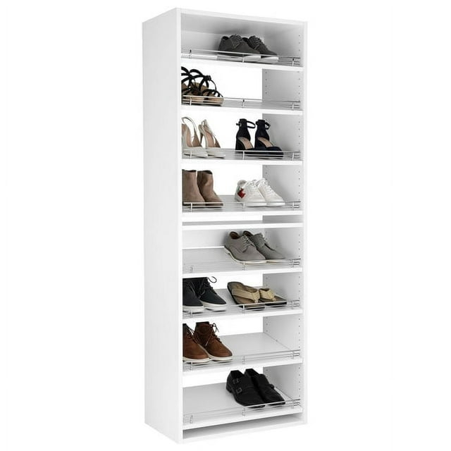 Modular Closets 8 Tiered White Slanted Shoe Shelf Closet Organizer Unit, 19.5"