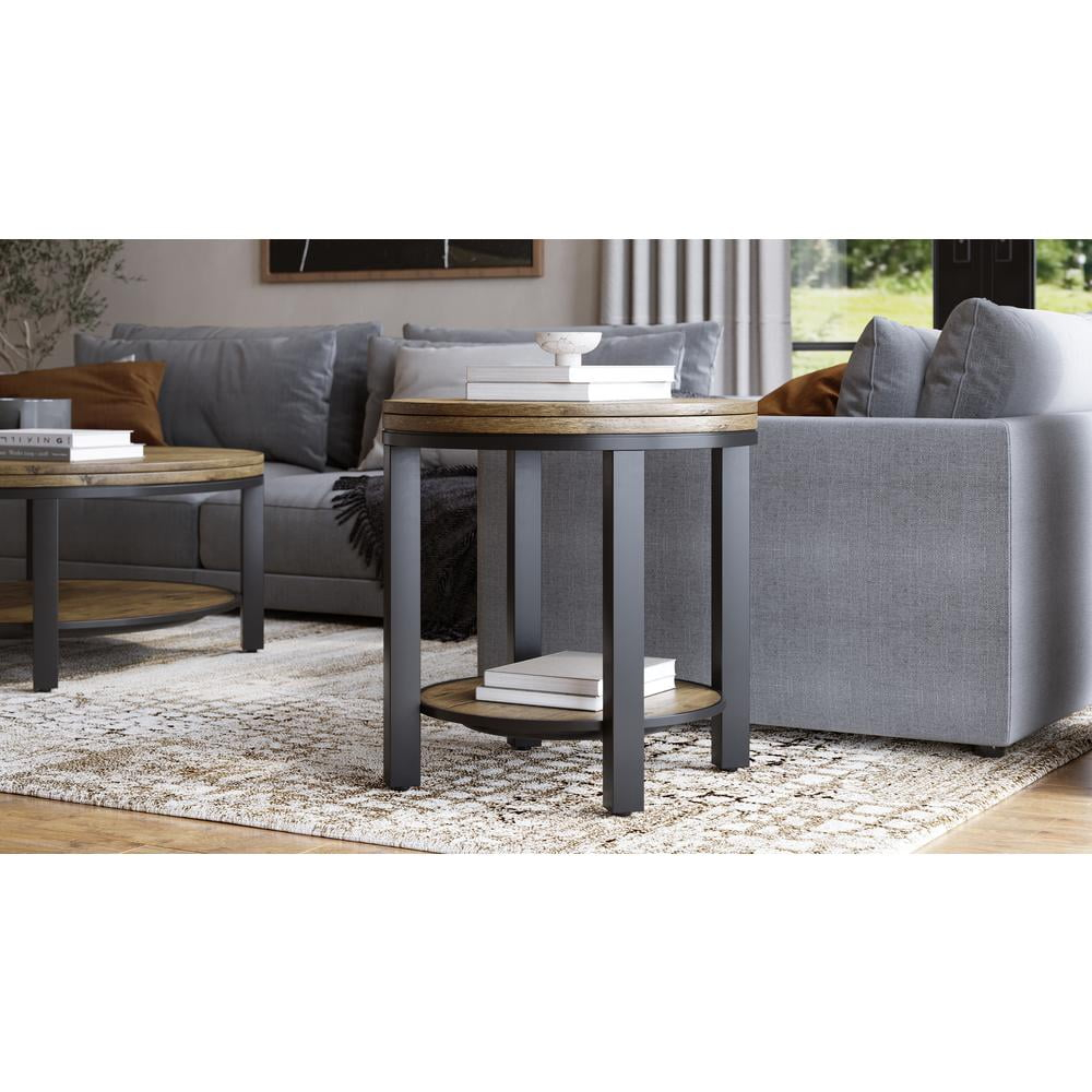 Modus Furniture Canyon Solid Wood and Metal Round End Table in Washed Grey - 24" x 24" x 24"