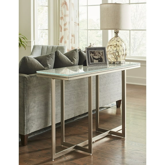 Modus Furniture International Eliza Media Console Table with Cracked Glass and Stainless Steel Base