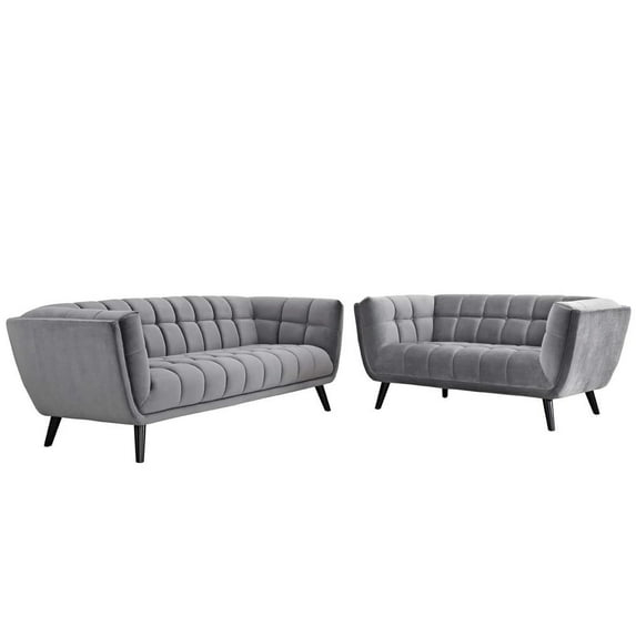 Modway Bestow 2 Piece Performance Velvet Sofa and Loveseat Set in Gray