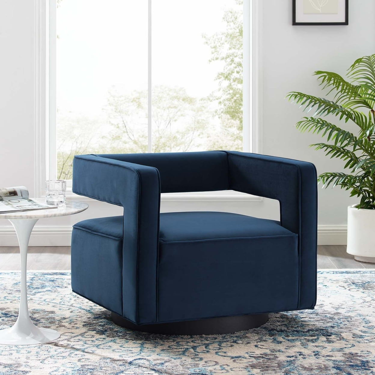 Modway Booth Modern Performance Velvet Swivel Armchair in Midnight Blue