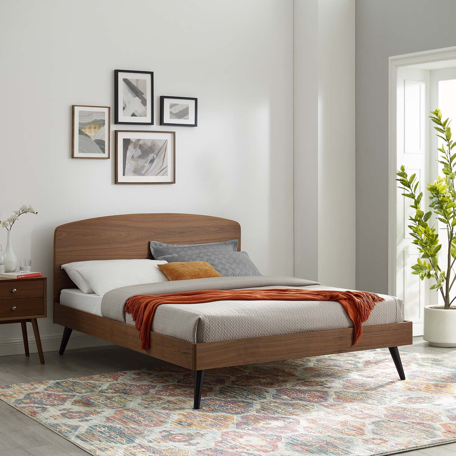 Modway Bronwen King Rubberwood and MDF Wood Platform Bed in Walnut
