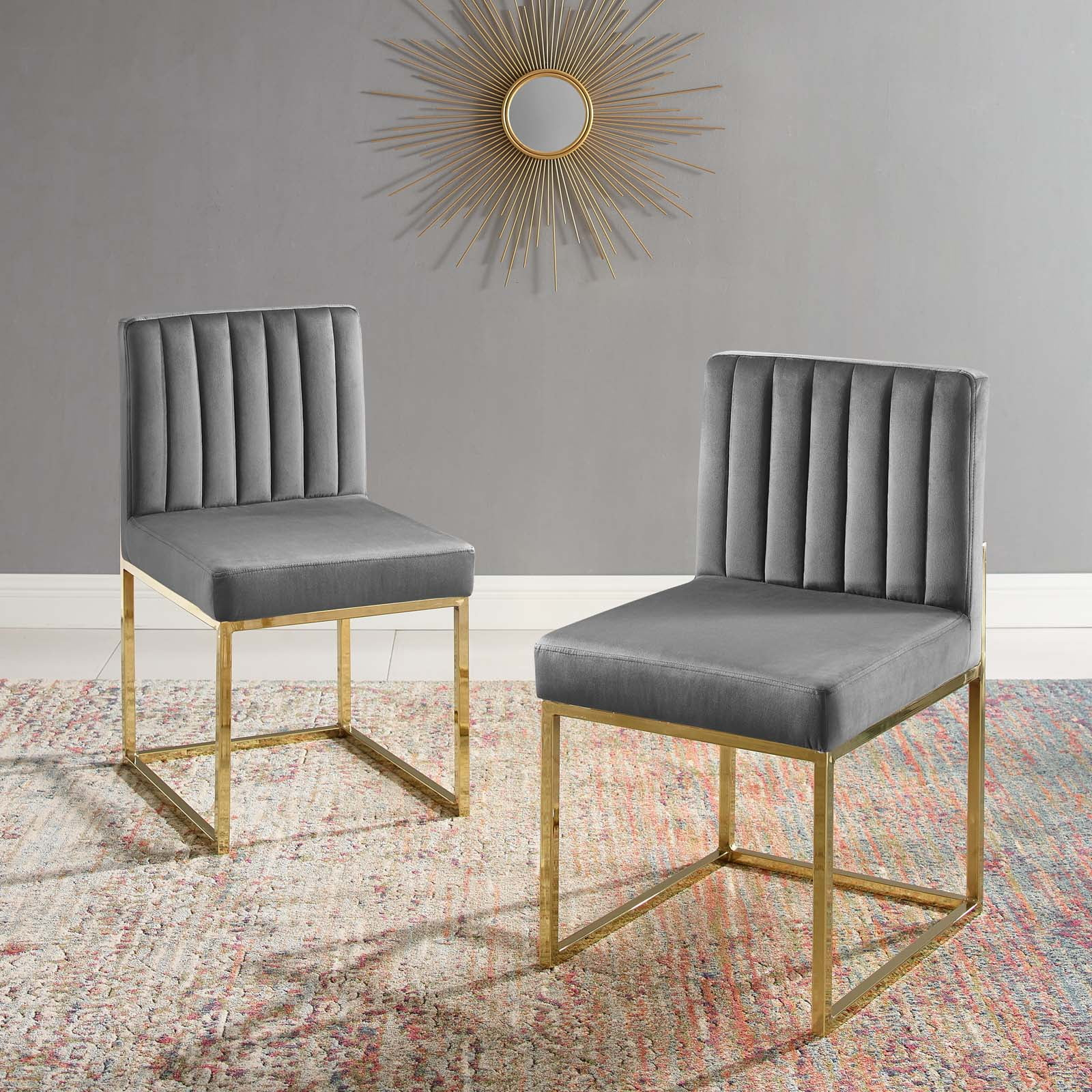 Modway Carriage Dining Chair Performance Velvet Set of 2 in Gold Charcoal
