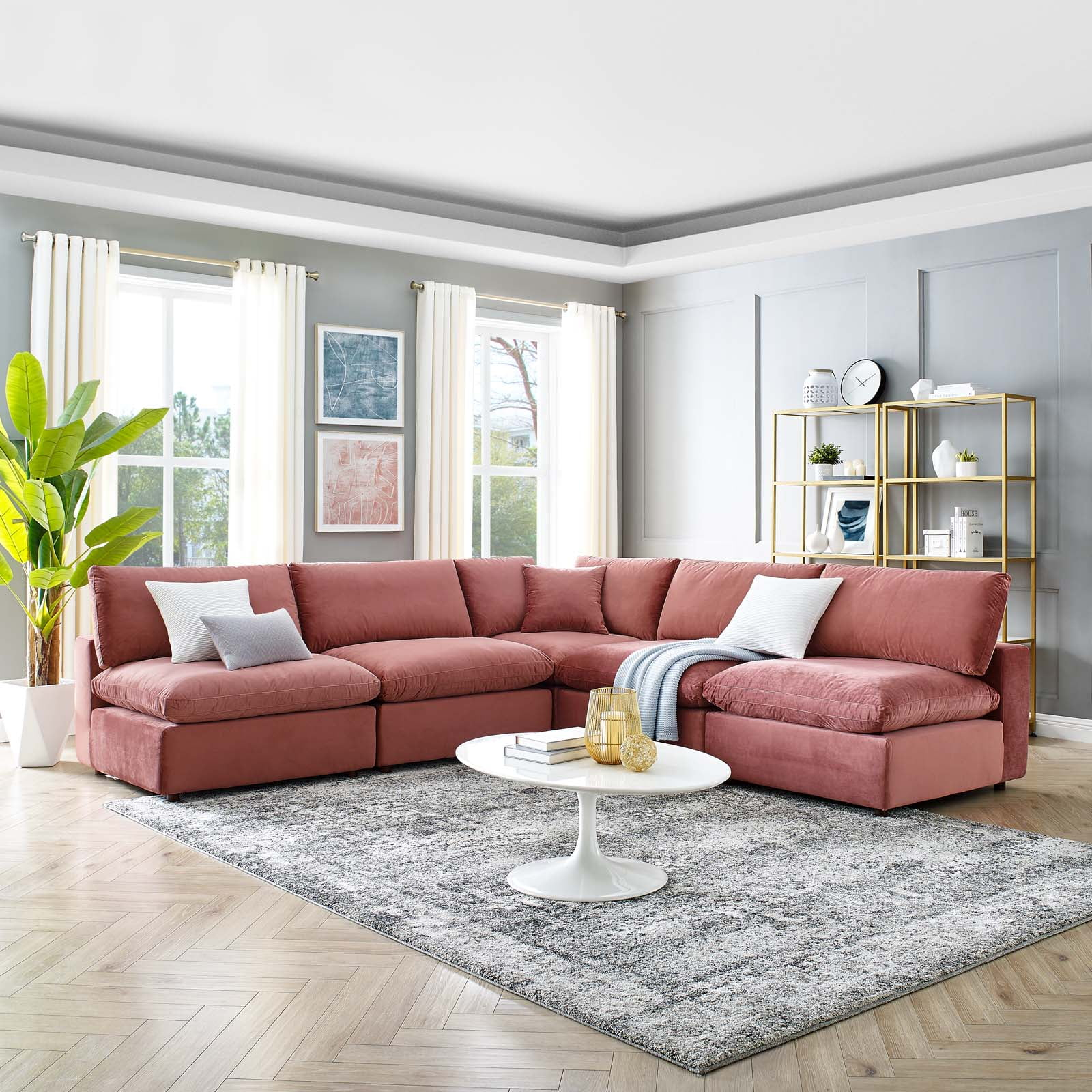 Modway Commix 5-Piece Down Filled Overstuffed Performance Velvet Sectional Sofa in Dusty Rose