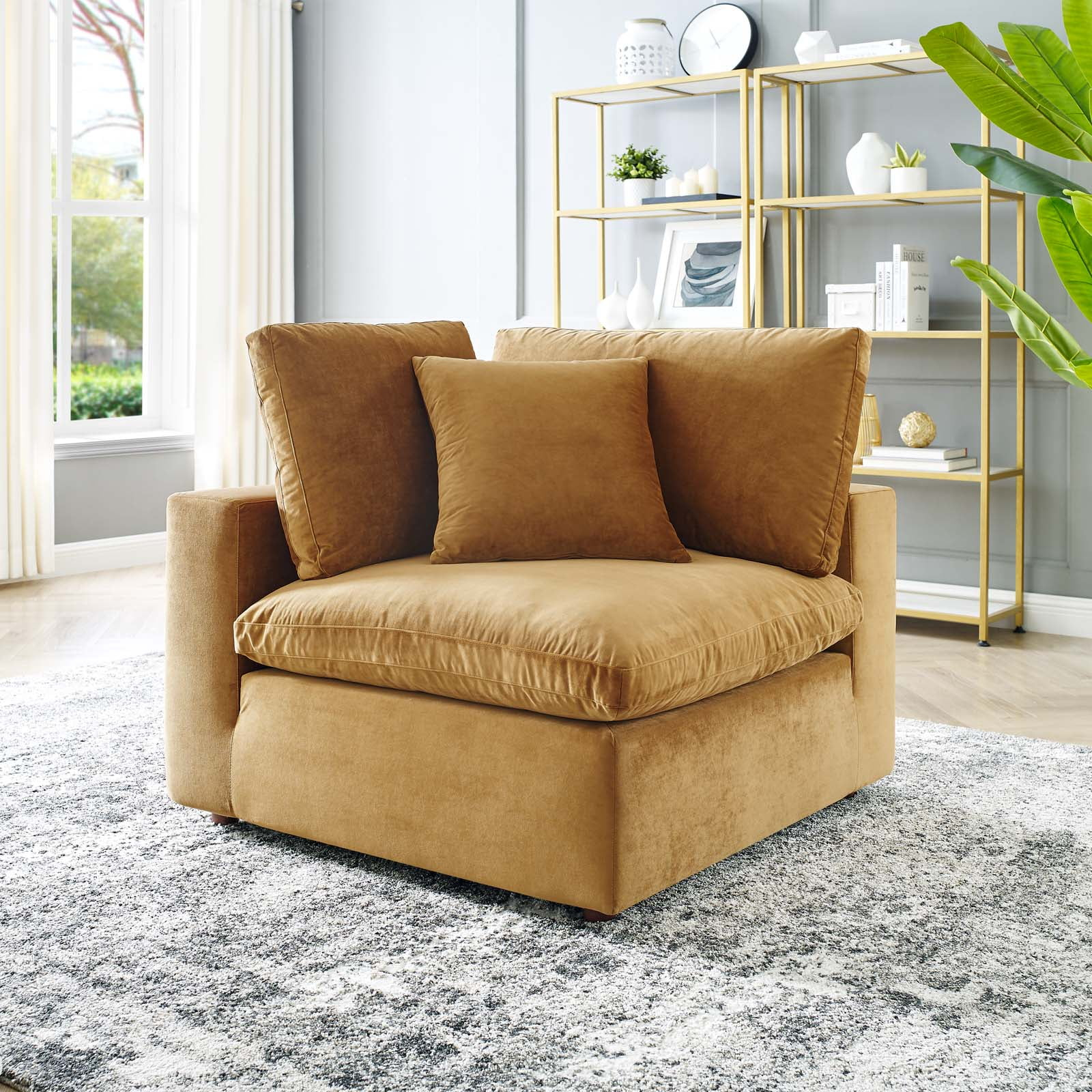 Modway Commix Down Filled Overstuffed Performance Velvet Corner Chair in Cognac