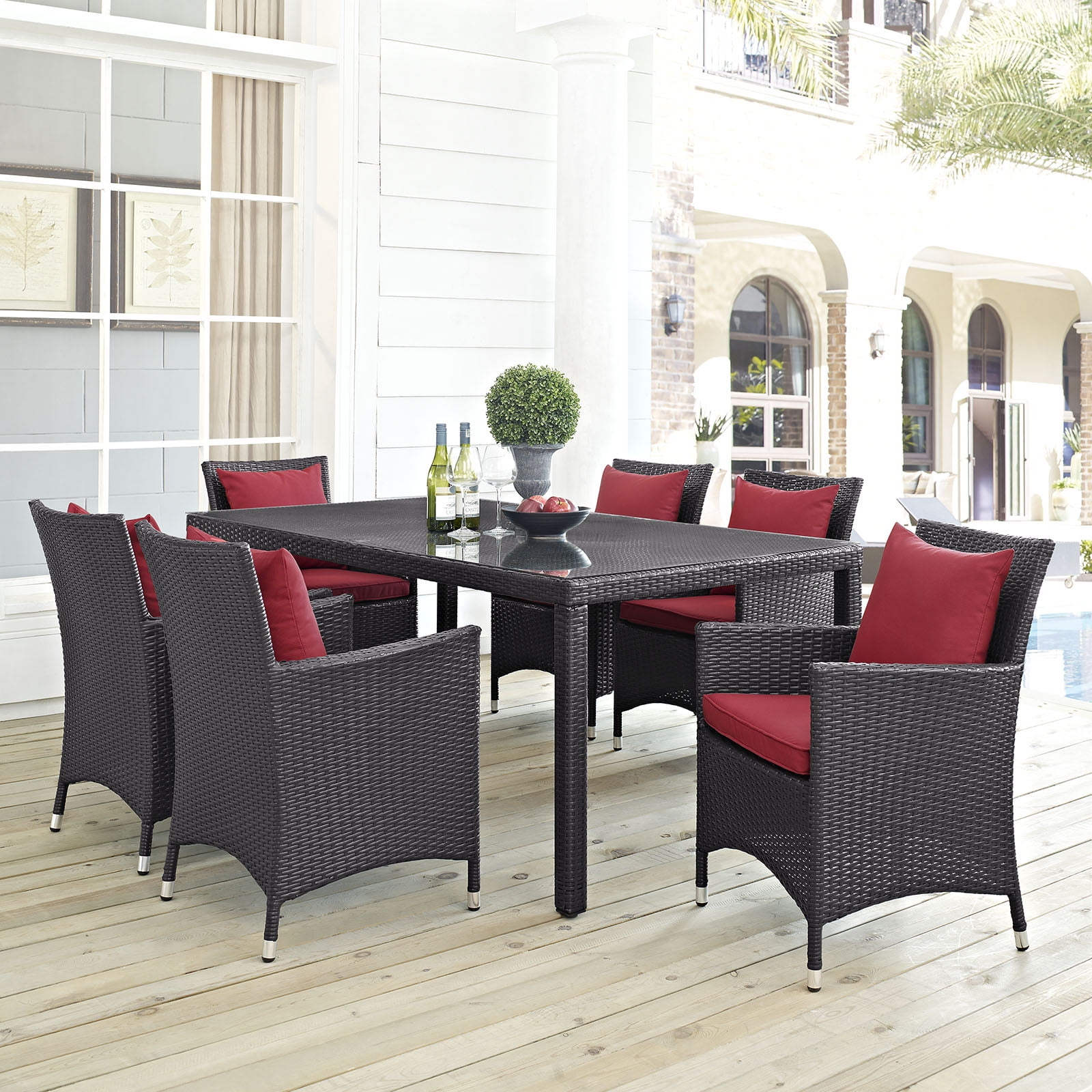Modway Convene 7 Piece Outdoor Patio Dining Set in Espresso Red
