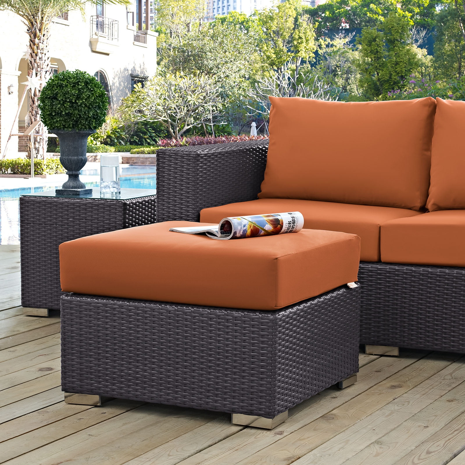Modway Convene Outdoor Patio Fabric Square Ottoman in Espresso Orange