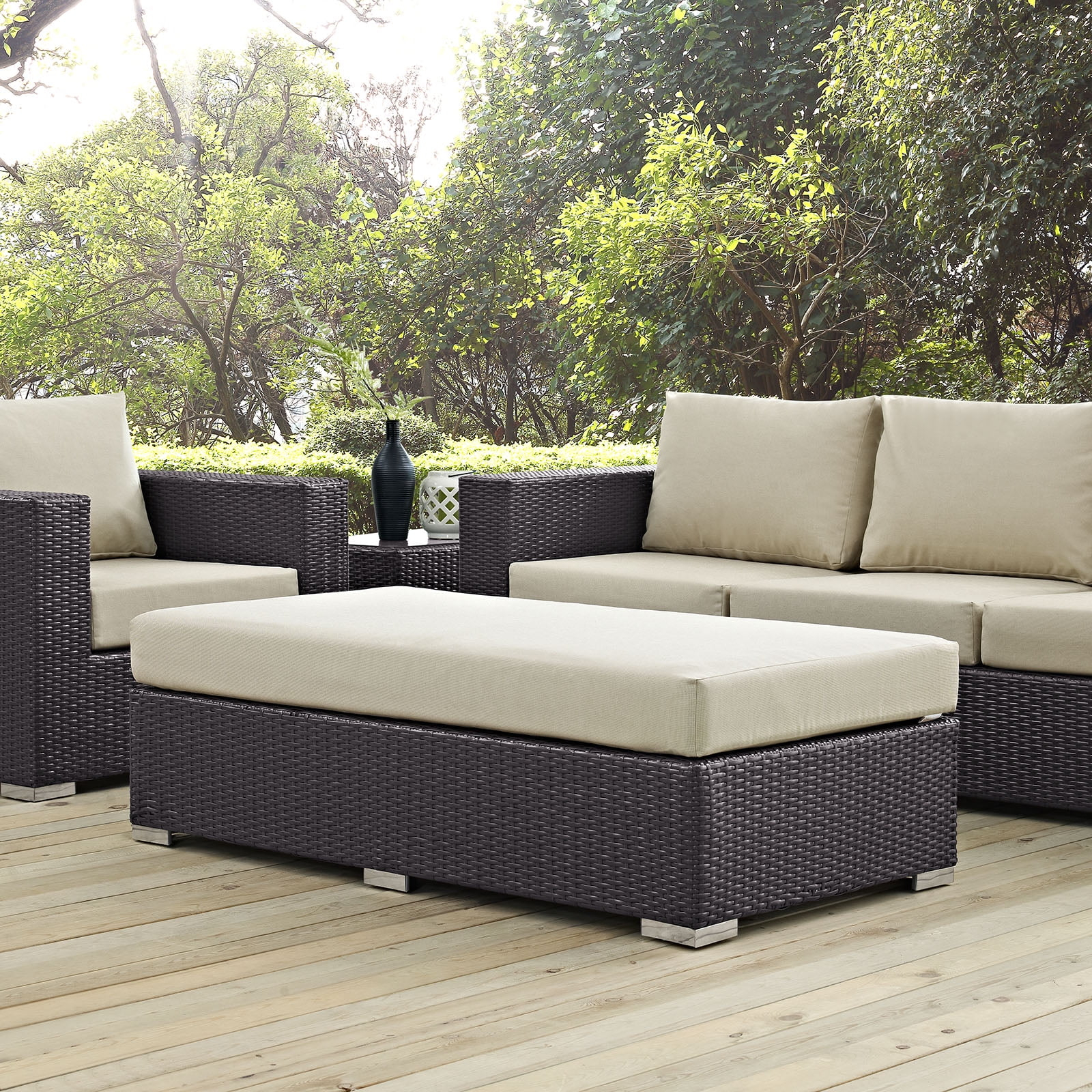 Modway Convene Outdoor Patio Fabric Rectangle Ottoman in Espresso Beige