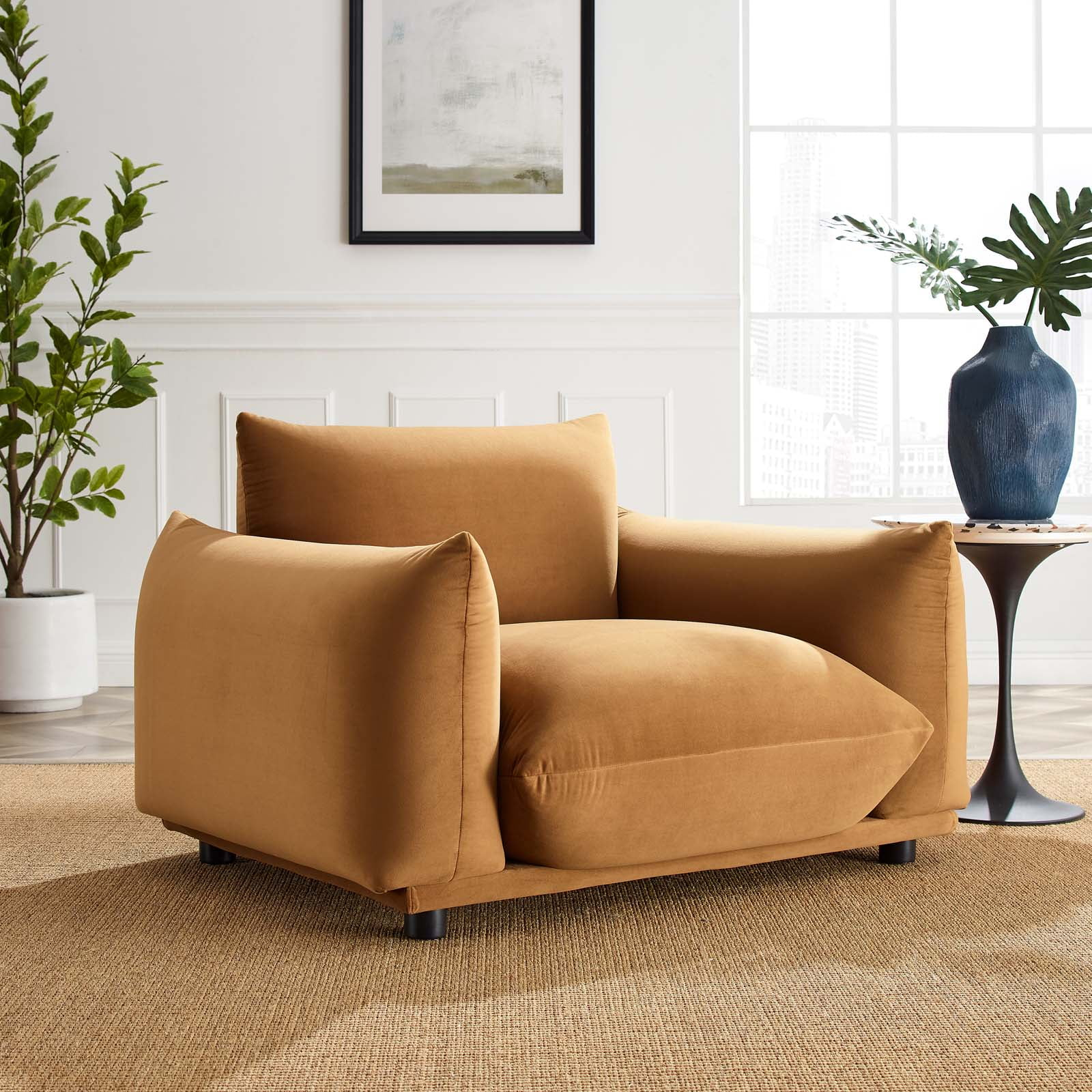 Copious Performance Velvet Armchair Cognac - Modway: Oversized, Indoor Lounge, Stain-Resistant