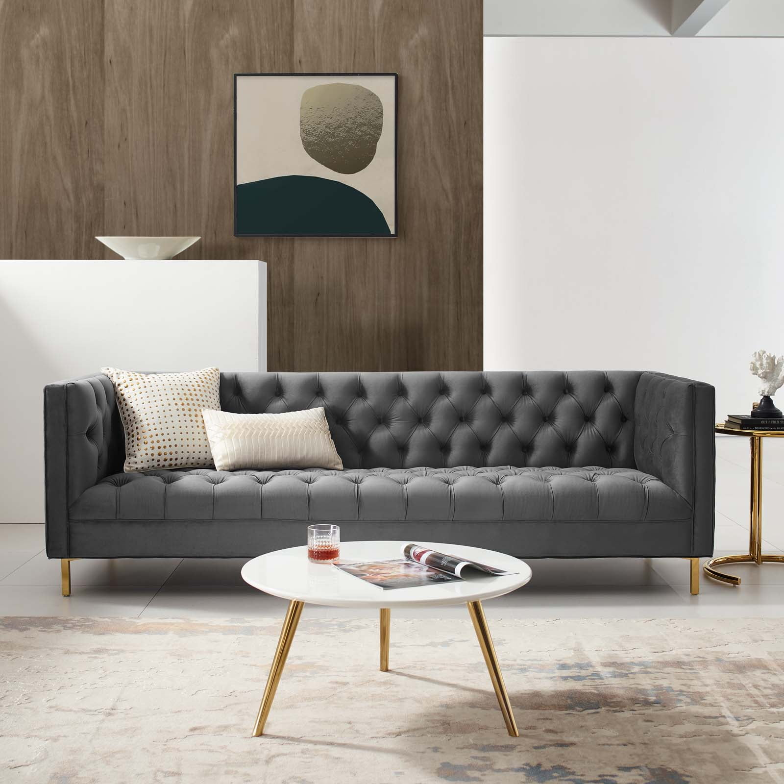 Ergode Delight Tufted Button Performance Velvet Sofa - Gray