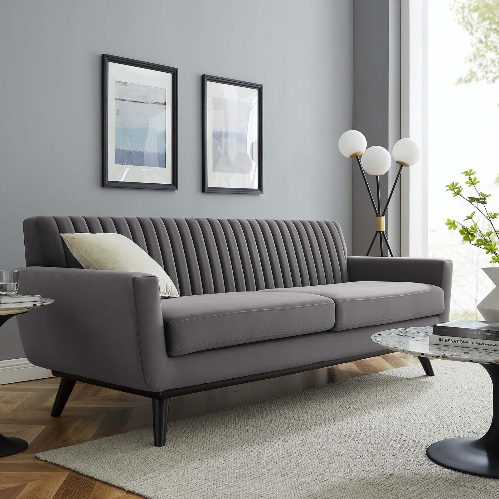 Engage Channel Tufted Performance Velvet Sofa Gray - Modway: Upholstered, Wood Frame, Foam Fill