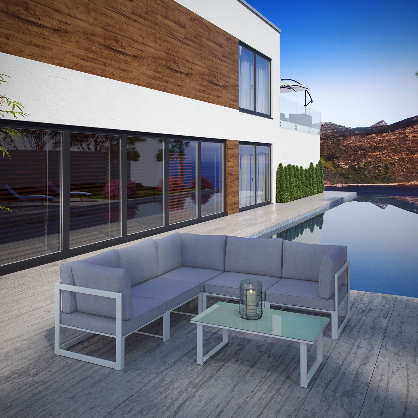 Modway Fortuna 6-Piece Aluminum Fabric Patio Sectional Sofa Set in White/Gray