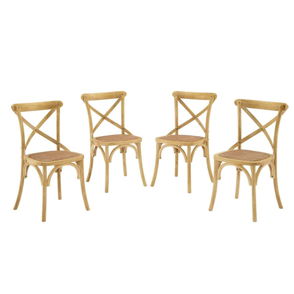 Modway Gear 18.5" Elm Wood and Rattan Dining Side Chair in Natural (Set of 4)