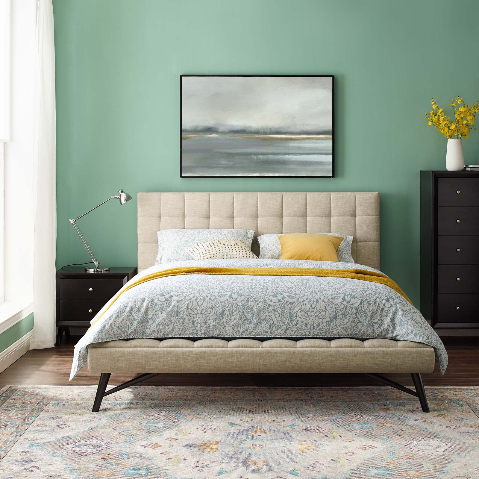 Modway Julia Queen Biscuit Tufted Upholstered Fabric Platform Bed in Beige