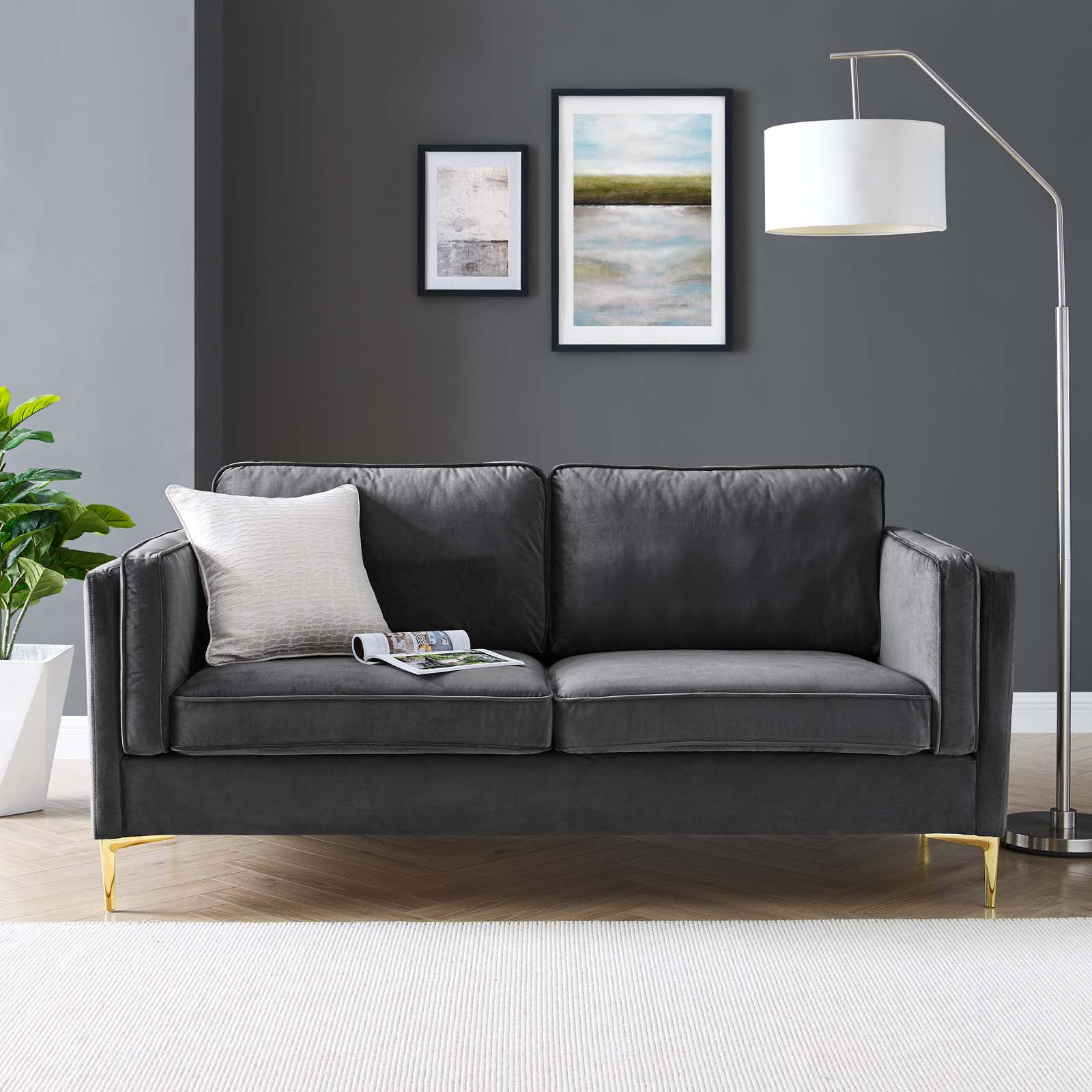 Kaiya Charcoal Performance Velvet Track Arm Sofa with Gold Metal Legs