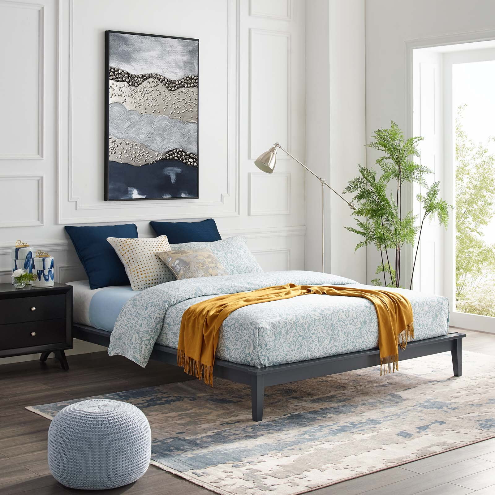 Modway Lodge Queen Modern Solid Wood Platform Bed Frame in Gray