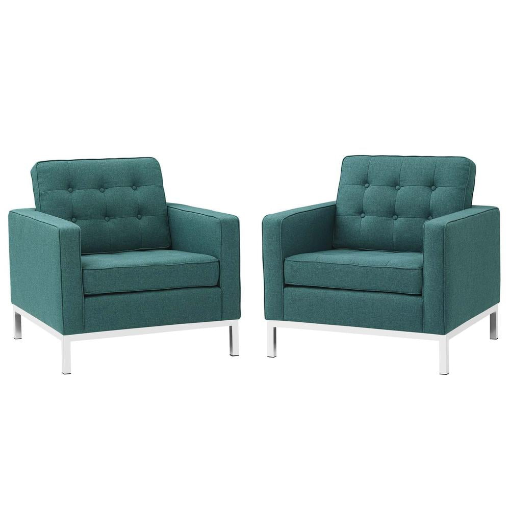 Modway Loft Upholstered Fabric and Stainless Steel Armchairs in Teal (Set of 2)