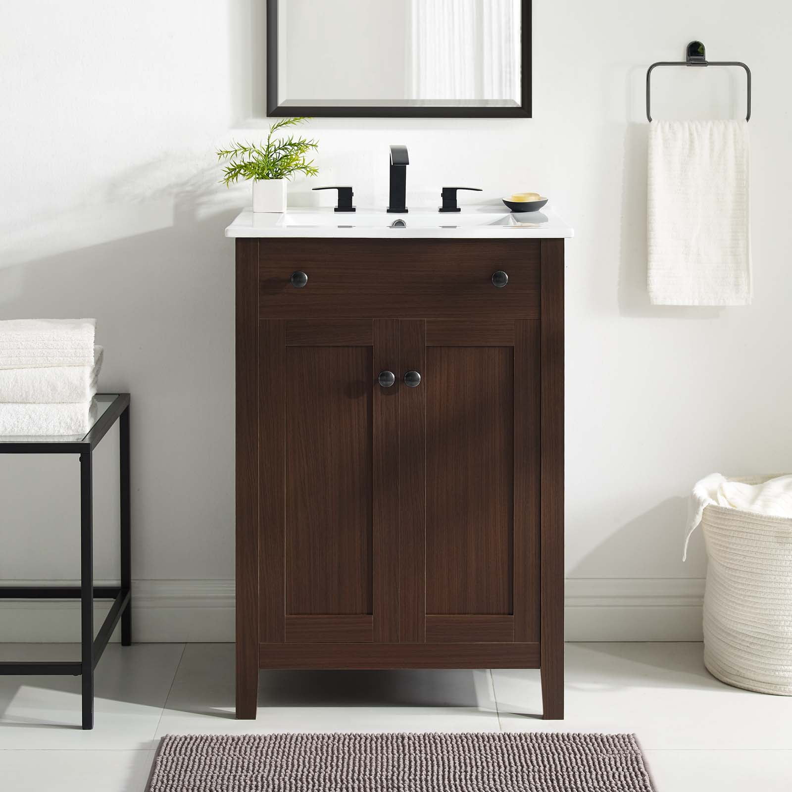Modway Nantucket 24" Modern Wooden Bathroom Vanity in Walnut and White