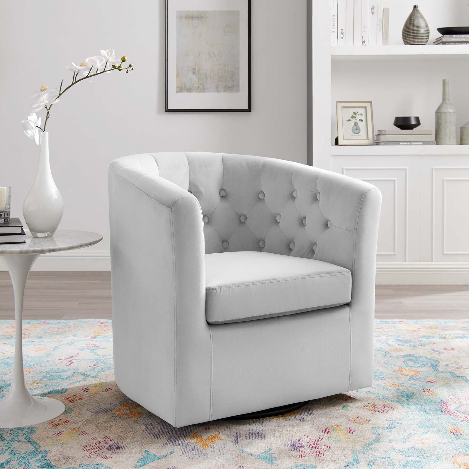 Modway Prospect Tufted Performance Velvet Swivel Armchair in Light Gray