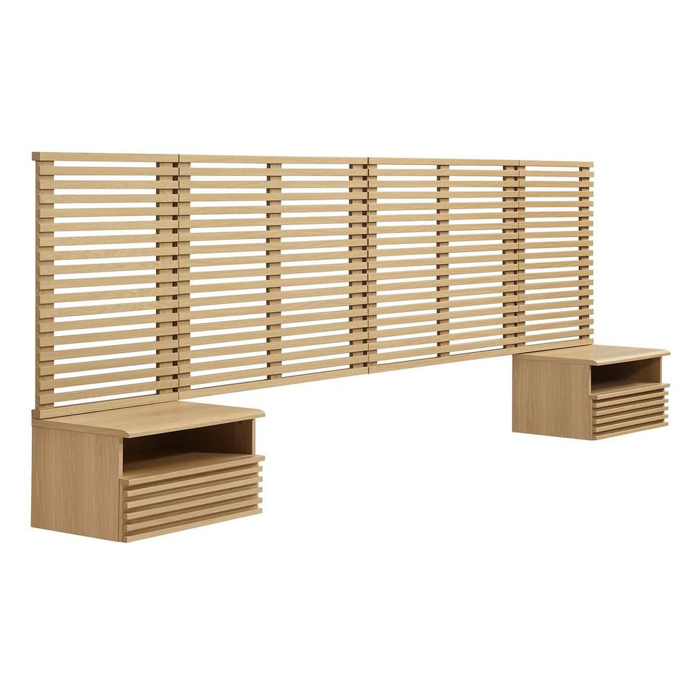 Modway Render Wall Mount King Headboard and Modern Nightstands in Oak