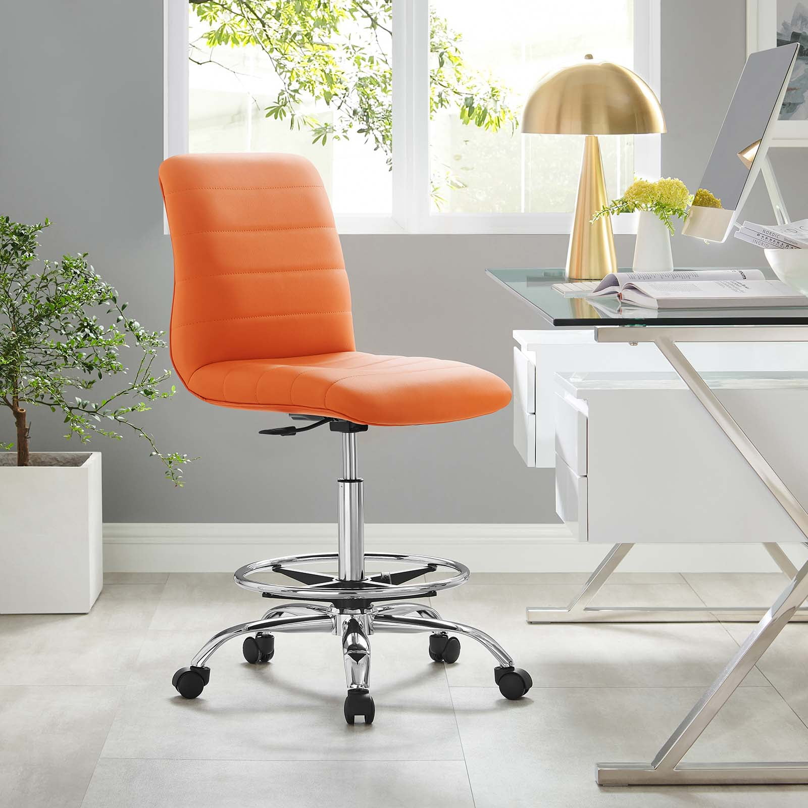 Modway Ripple Armless Vegan Leather Drafting Chair in Silver Orange