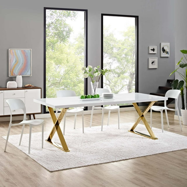 Modway Sector 87" Wood & Stainless Steel Cross Base Dining Table in White/Gold
