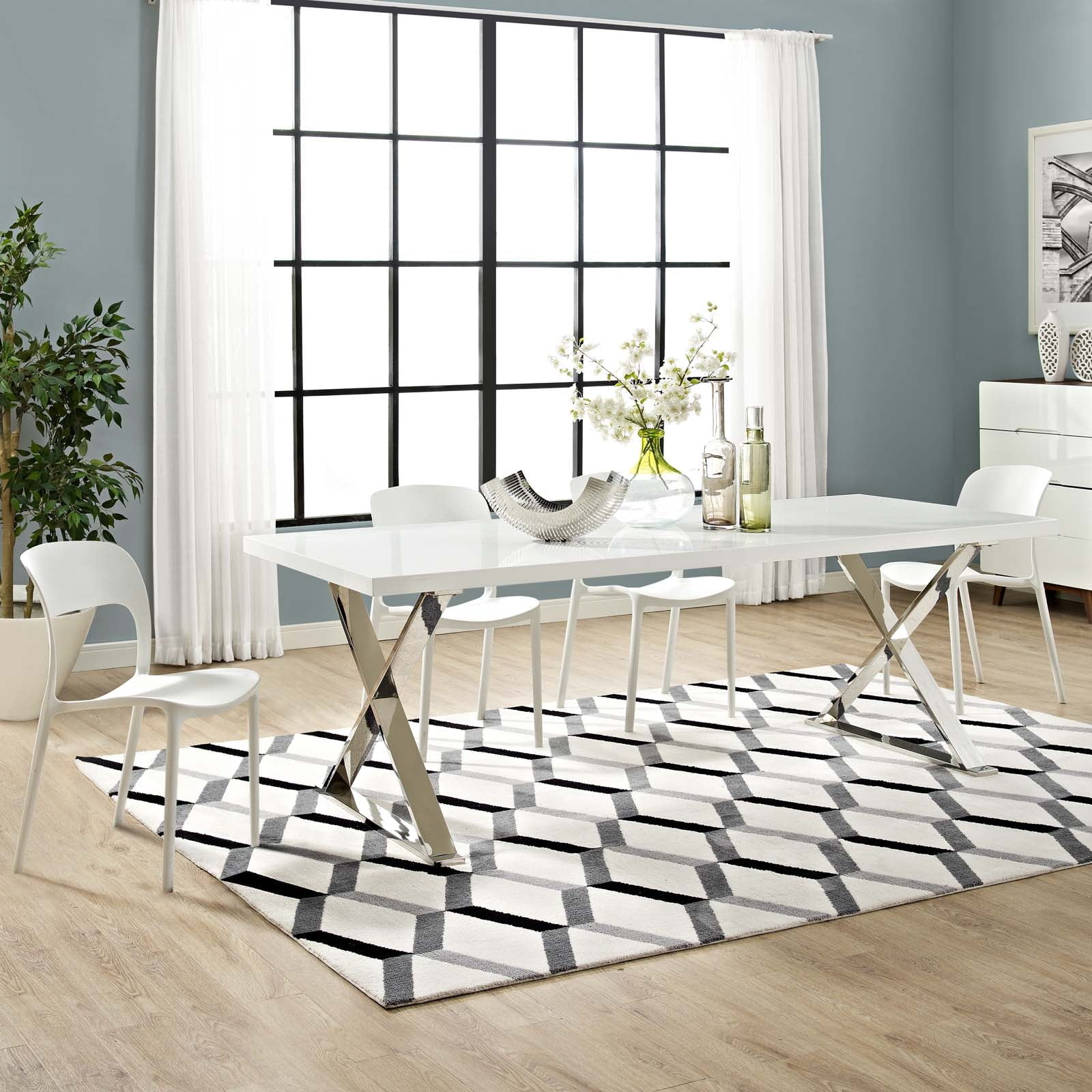 Modway Sector 87" Wood & Stainless Steel Cross Base Dining Table in White/Silver