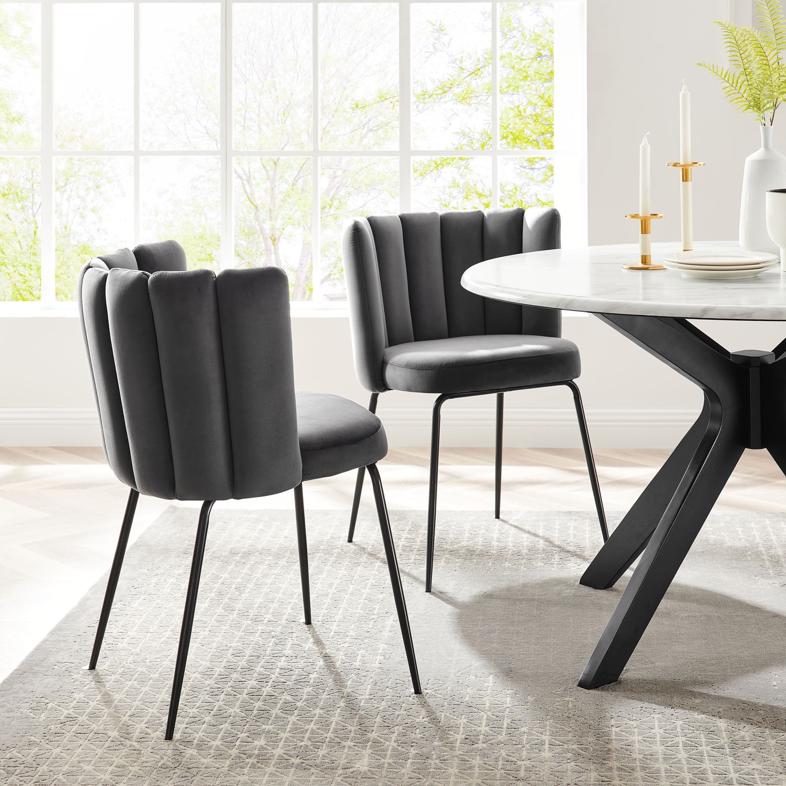 Modway Virtue Performance Velvet Dining Chair Set of 2 in Black Gray