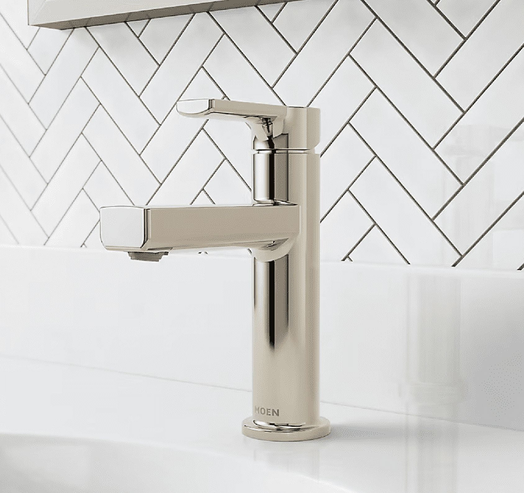 Moen 84627NL Rinza Polished Nickel Single hole 1-handle WaterSense High-arc Residential Handle Bathroom Sink Faucet with Drain with Deck Plate