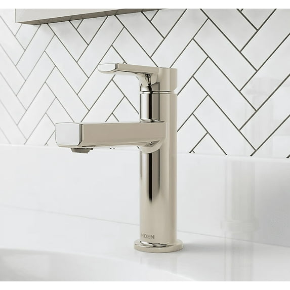 Moen 84627NL Rinza Polished Nickel Single hole 1-handle WaterSense High-arc Residential Handle Bathroom Sink Faucet with Drain with Deck Plate