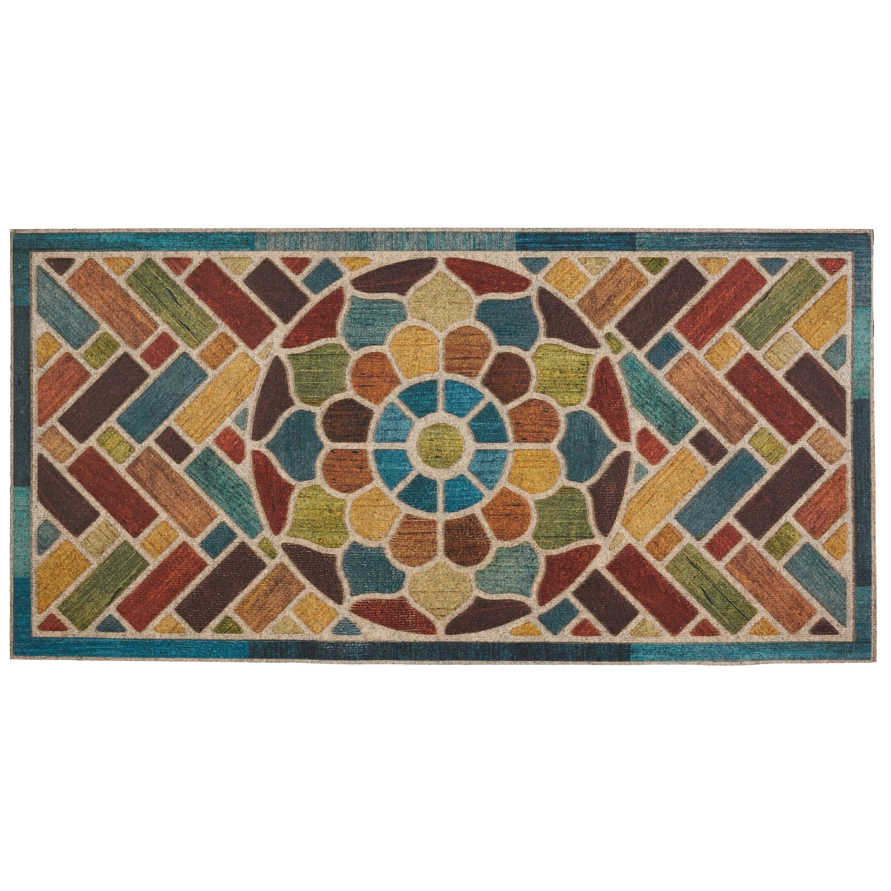 Mohawk Home Entry Recycled Rubber Non- Slip Indoor Outdoor Stoney Medallion Blue & Yellow Oversize Doormat 2' x 4'