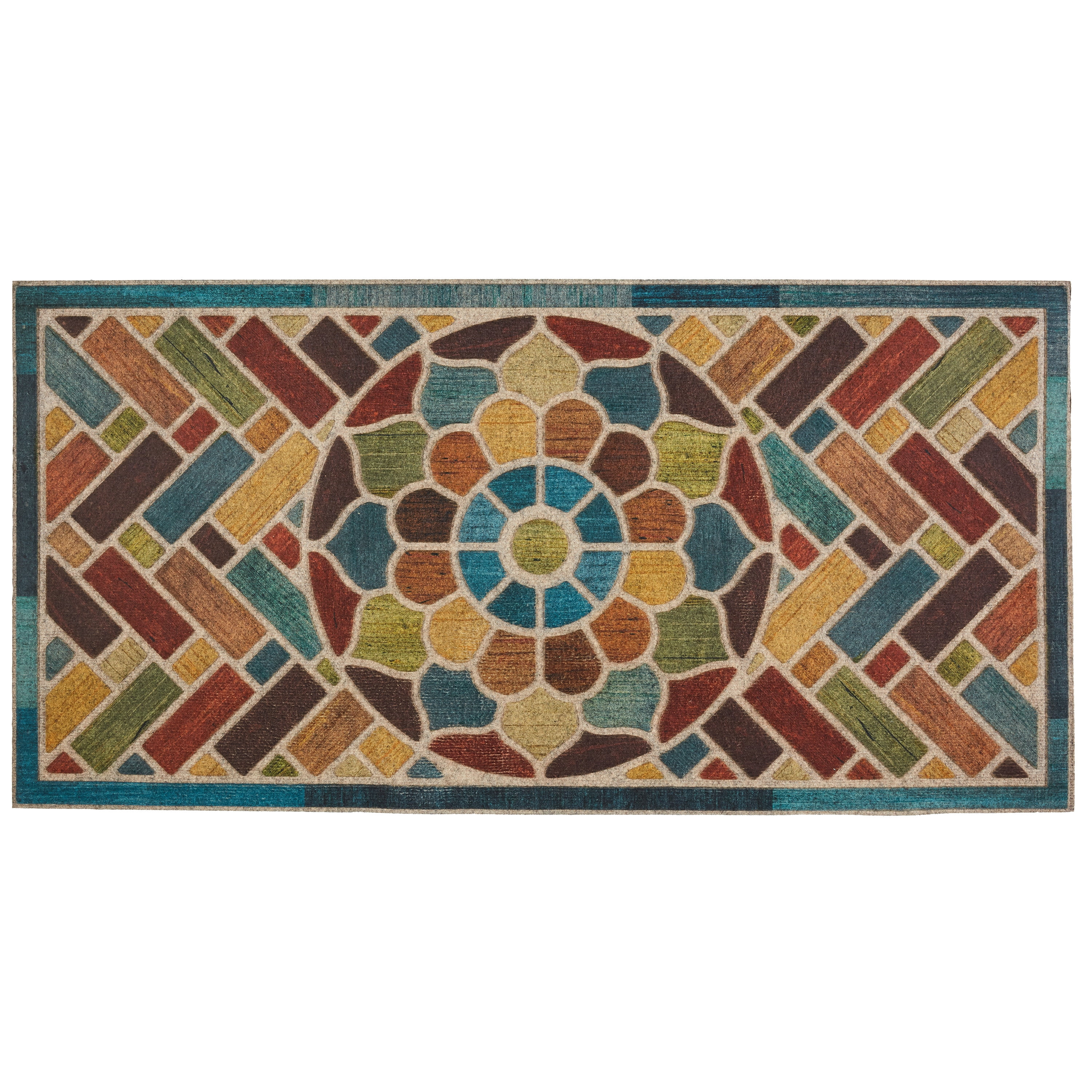 Mohawk Home Entry Recycled Rubber Non- Slip Indoor Outdoor Stoney Medallion Blue & Yellow Oversize Doormat 2' x 4'