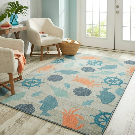 Mohawk Home Prismatic Coastal Otomi Seaside Transitional Nature Coastal Precision Printed Area Rug, 5'x8', Grey & Teal