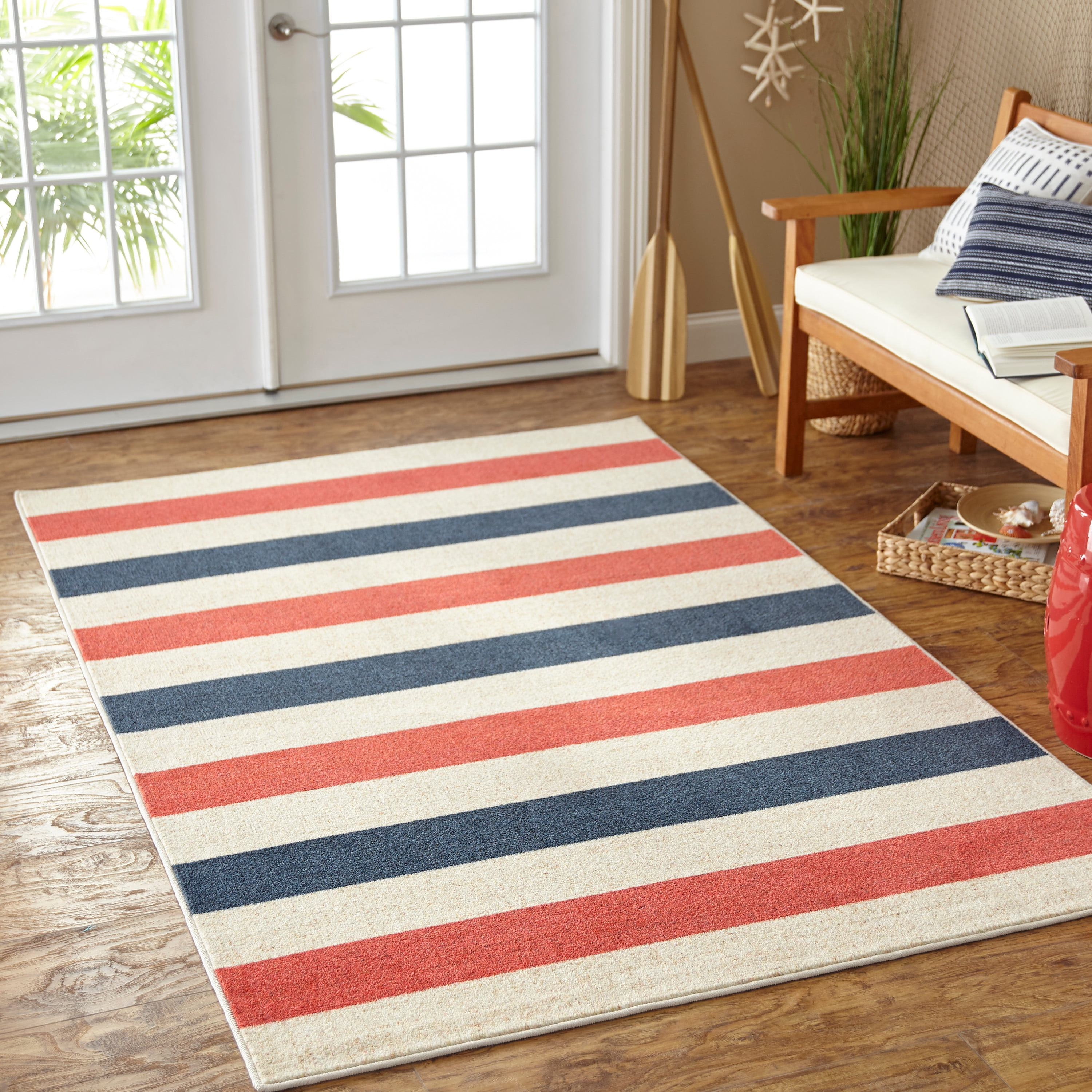 Mohawk Home Prismatic Sailor Stripe Navy Transitional Striped Coastal Precision Printed Area Rug, 8'x10', Red & Navy