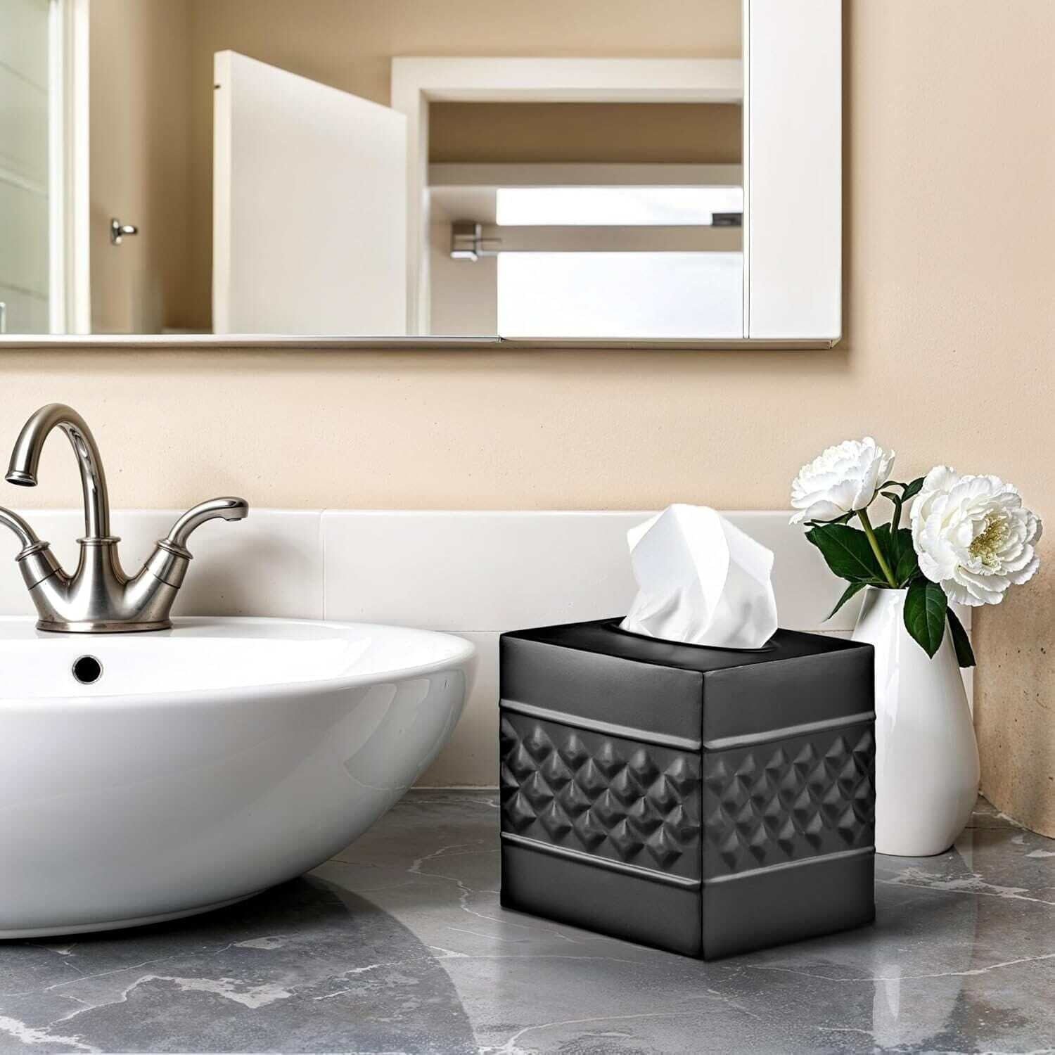 Monarch Abode Tissue Box Cover, Hand Hammered, Metal, Square Tissue Box Holder, Black