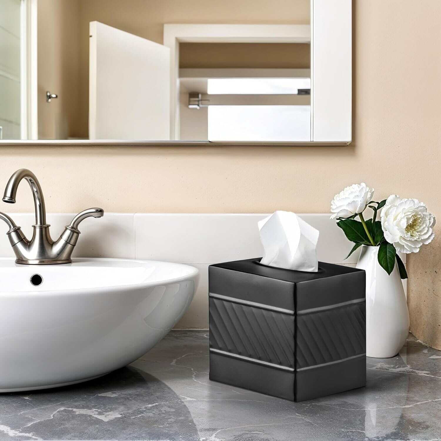 Monarch Abode Tissue Box Cover, Hand Hammered, Metal, Square Tissue Box Holder, Black