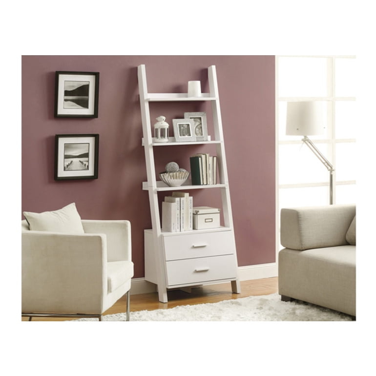 Monarch Bookcase 69"H / White Ladder With 2 Storage Drawers