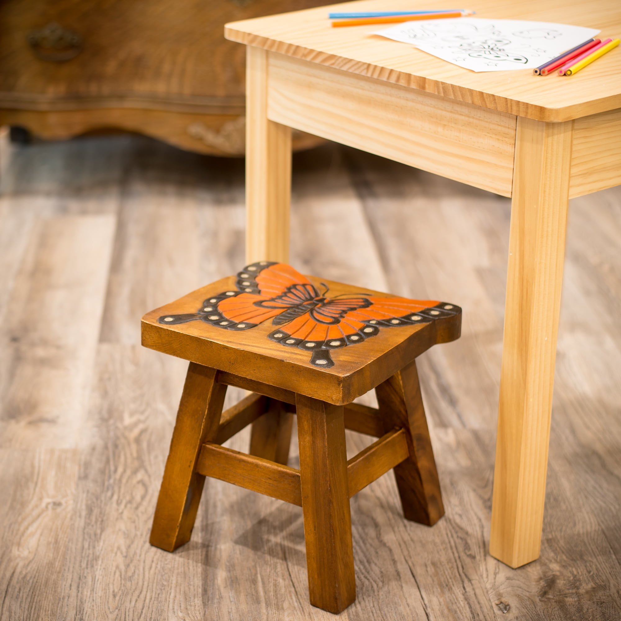 Monarch Butterfly Hand Carved Acacia Hardwood Decorative Short Stool