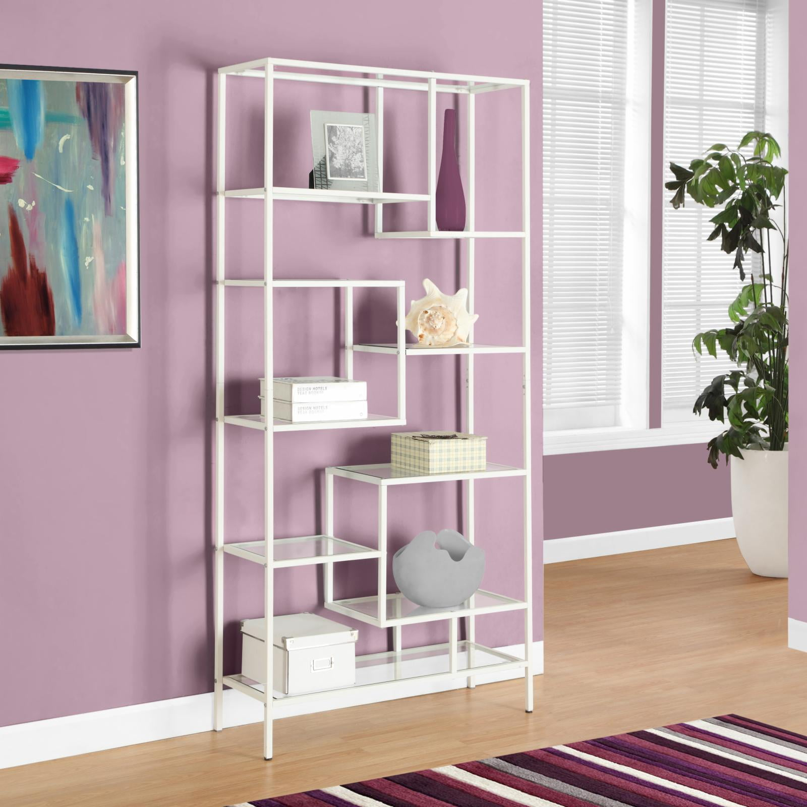 Alieon 7159 Bookshelf, Bookcase, Etagere, Office, Bedroom, Metal, Tempered, Contemporary, Modern Bookcase-72, 32" L x 12" W x 72" H, White/Clear Glass