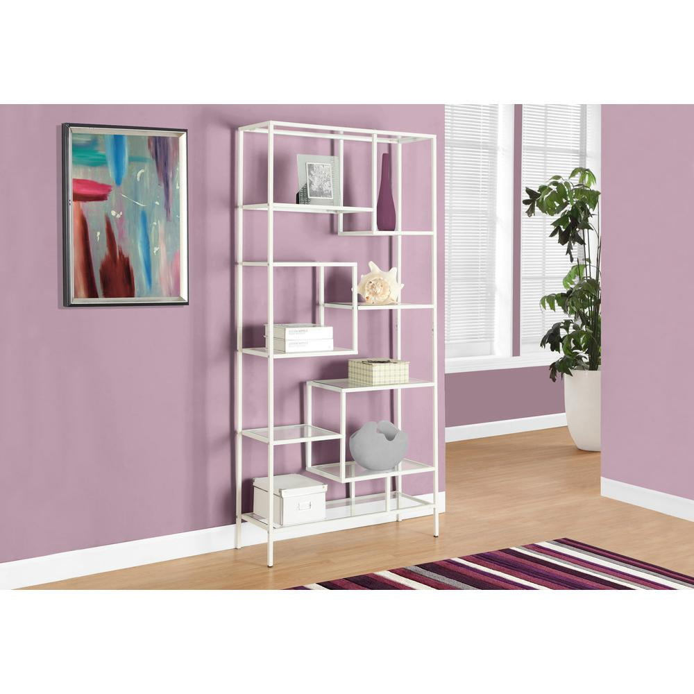 Alieon 7159 Bookshelf, Bookcase, Etagere, Office, Bedroom, Metal, Tempered, Contemporary, Modern Bookcase-72, 32" L x 12" W x 72" H, White/Clear Glass
