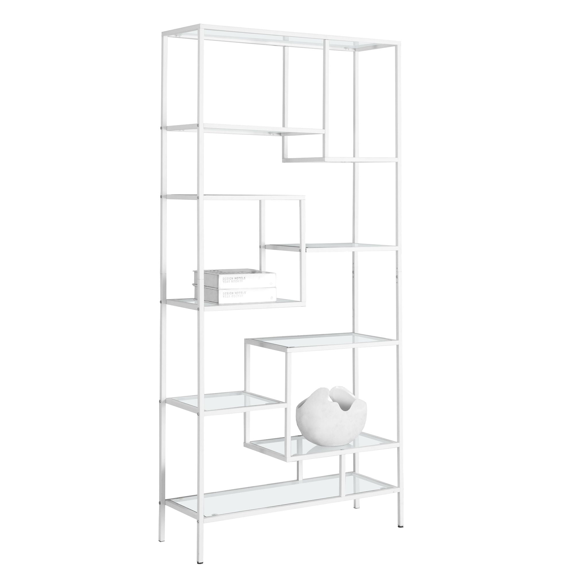 Alieon 7159 Bookshelf, Bookcase, Etagere, Office, Bedroom, Metal, Tempered, Contemporary, Modern Bookcase-72, 32" L x 12" W x 72" H, White/Clear Glass