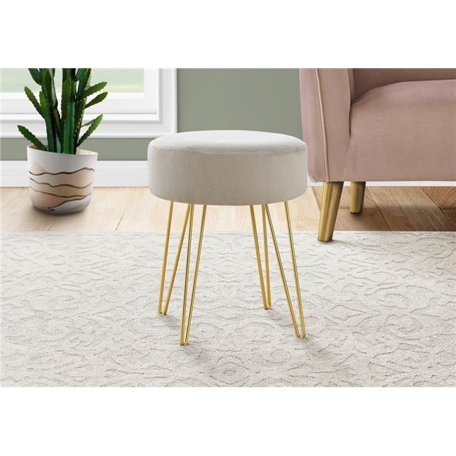 Ottoman, Pouf, Footrest, Foot Stool, 14" Round, Fabric, Metal Legs, Beige, Gold, Contemporary, Modern