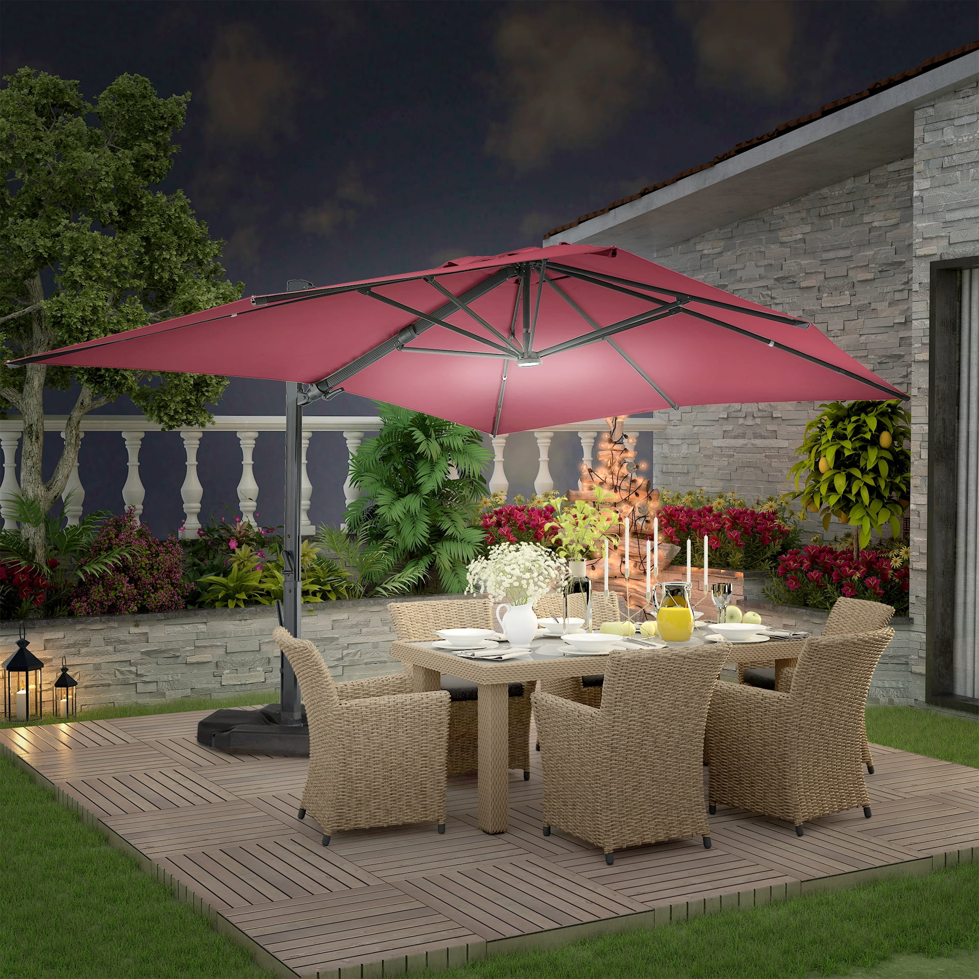 Mondawe 10x13 FT Cantilever Umbrella Large Offset Umbrella with 360°Rotation and LED Light Panel Cantilever Patio Umbrella for Backyard, Pool & Garden, Red