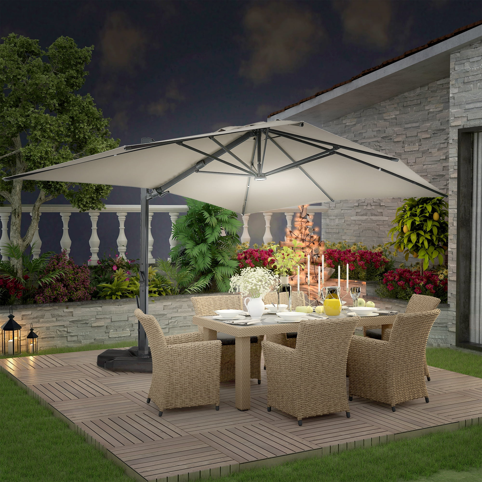 Mondawe 10x13 FT Cantilever Umbrella Large Offset Umbrella with 360°Rotation and LED Light Panel Cantilever Patio Umbrella for Backyard, Pool & Garden, Tan