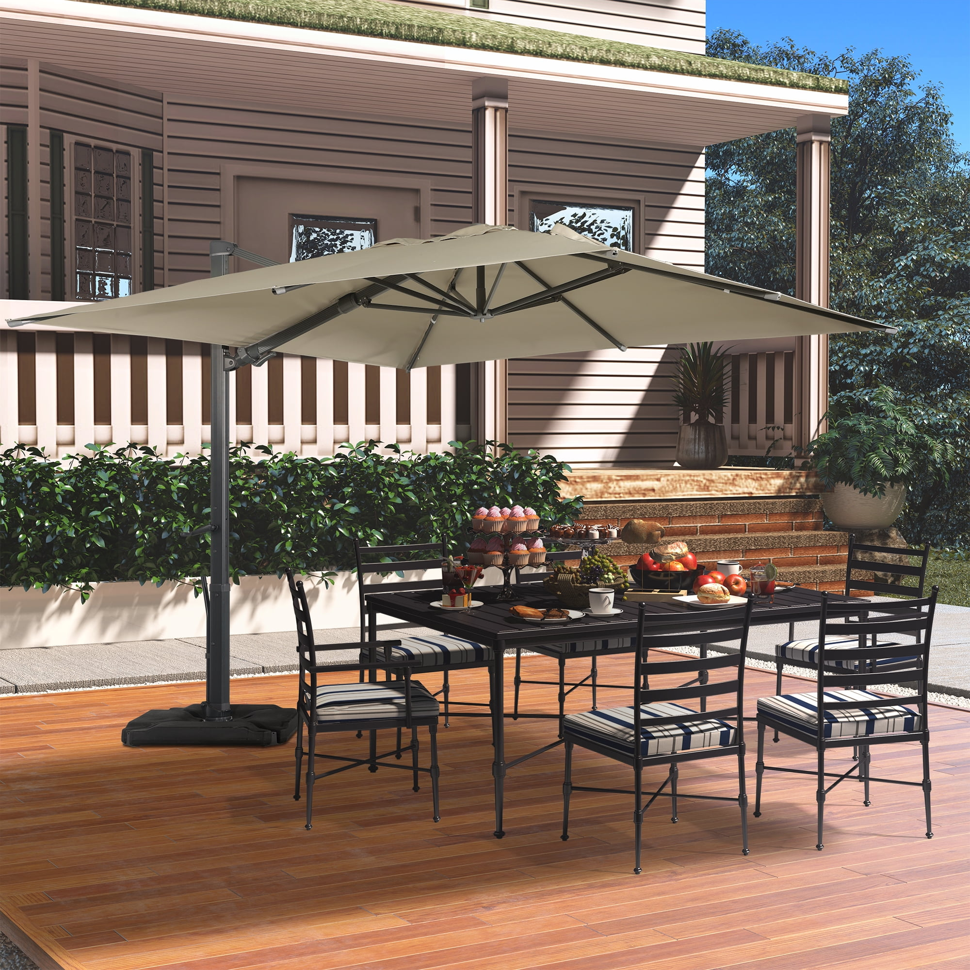 Mondawe 10x13 Ft Patio Cantilever Umbrella with Base and 360° Rotation Offset,Large Rectangular Outdoor Umbrella for Pool Deck, Tan