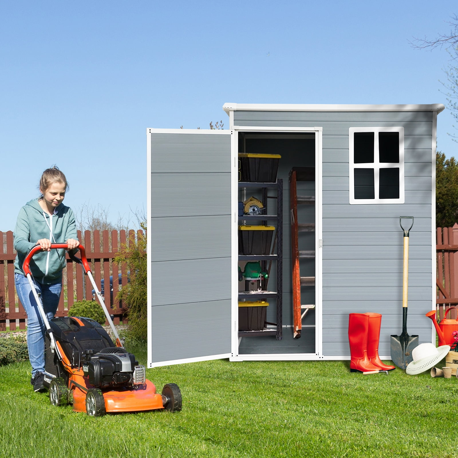 Mondawe 5' × 3' Metal Outdoor Storage Shed with Door & Lock, Waterproof Garden Storage Tool Shed with Base Frame for Backyard Patio,Grey