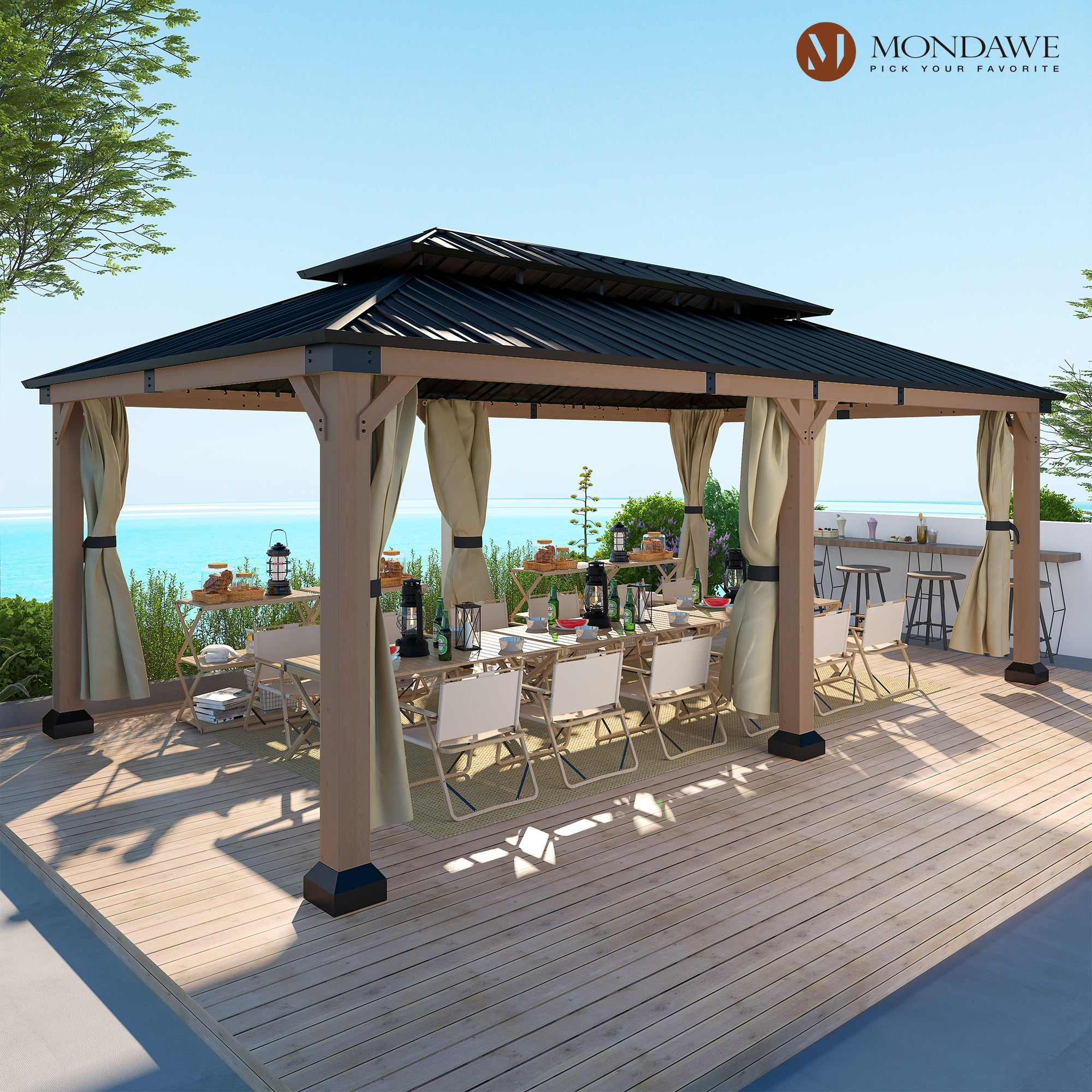 mondawe Dorey 20 Ft. W x 12 Ft. D Solid Cedar Wood Patio Gazebo with Curtains