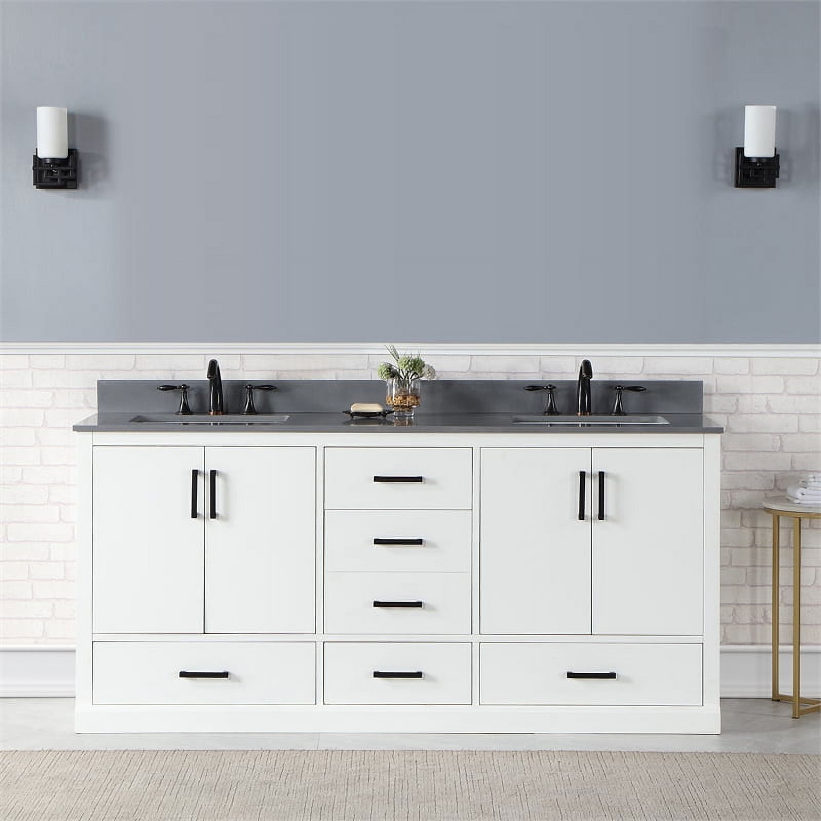 Monna 72" Double Bathroom Vanity Set in White with Concrete Grey Composite Stone Countertop without Mirror