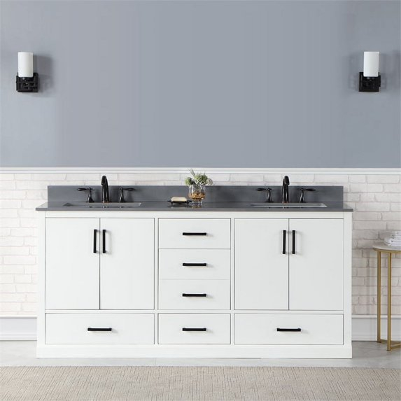 Monna 72" Double Bathroom Vanity Set in White with Concrete Grey Composite Stone Countertop without Mirror