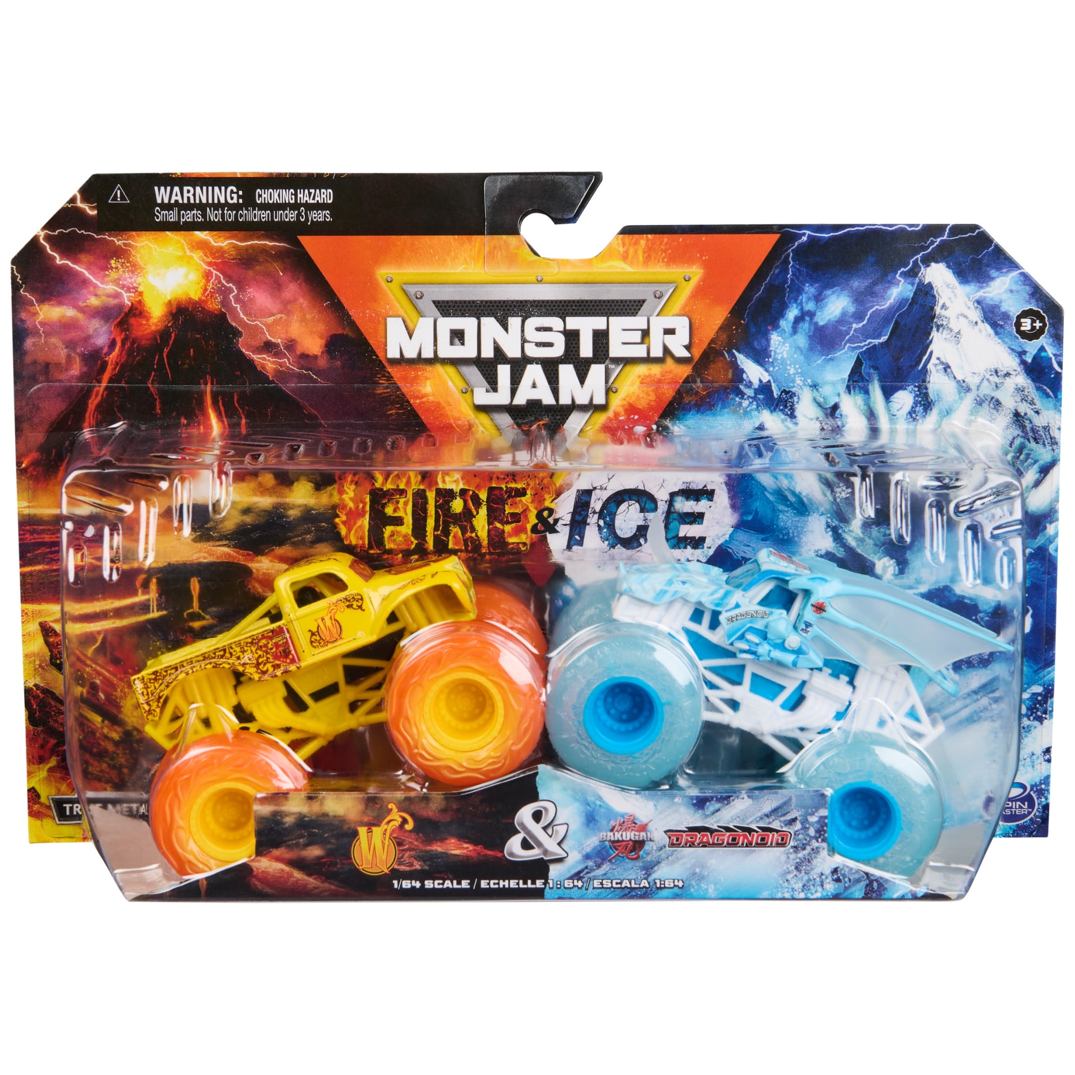Monster Jam, Official Fire & Ice, Whiplash and Bakugan Dragonoid Die-Cast Monster Trucks, 1:64 Scale, Kids Toys for Boys Ages 3 and up